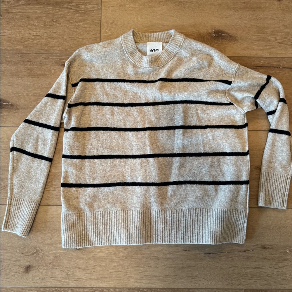 Aerie Beige and Black Striped Crewneck Sweater